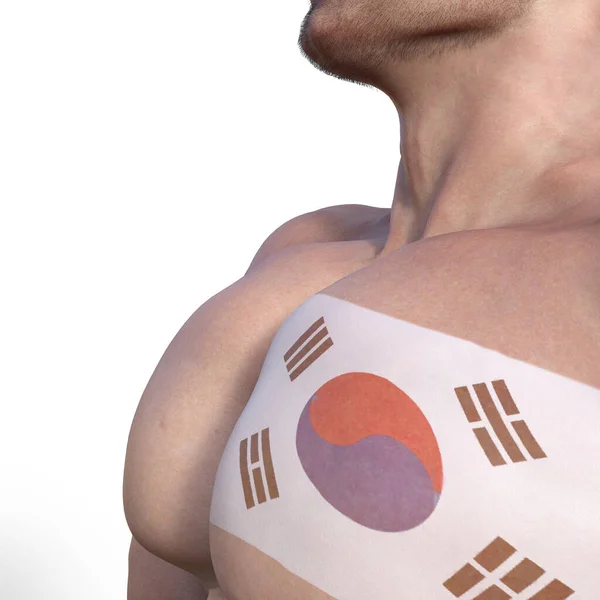 Illustratie Gespierde Man Met Getatoeëerde Vlag Van Zuid Korea — Stockfoto