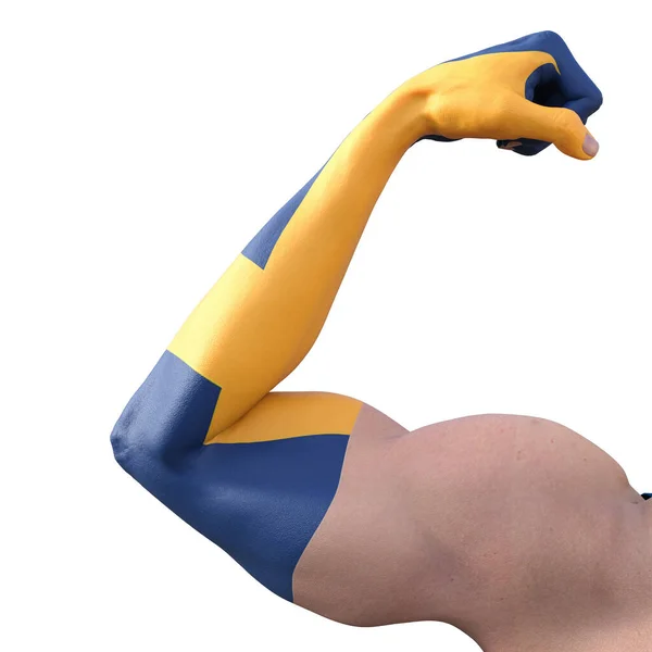 3Dイラスト スウェーデンの入れ墨のフラグを持つ筋肉の女性 — ストック写真