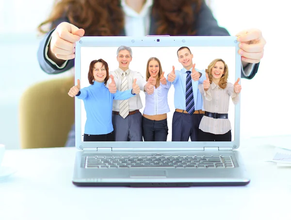 Young beautiful business woman , point finger at isolated white laptop screen over white background, business team — Stock Photo, Image