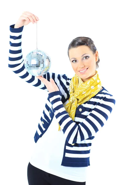 Beautiful girl with a mirror sphere on a white background. — Stock Photo, Image