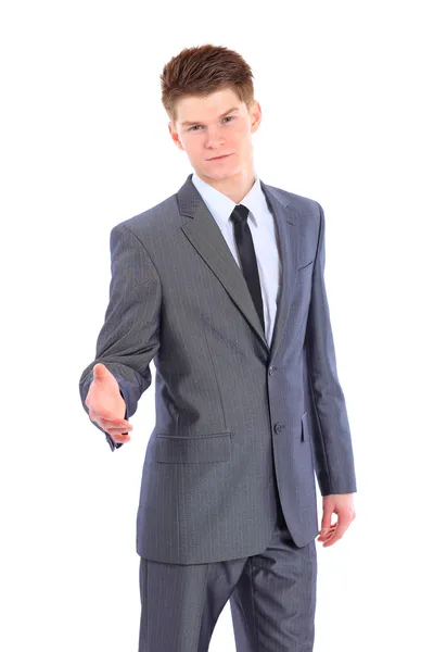 Selbstbewusster Geschäftsmann gibt einem auf weißem Hintergrund die Hand — Stockfoto