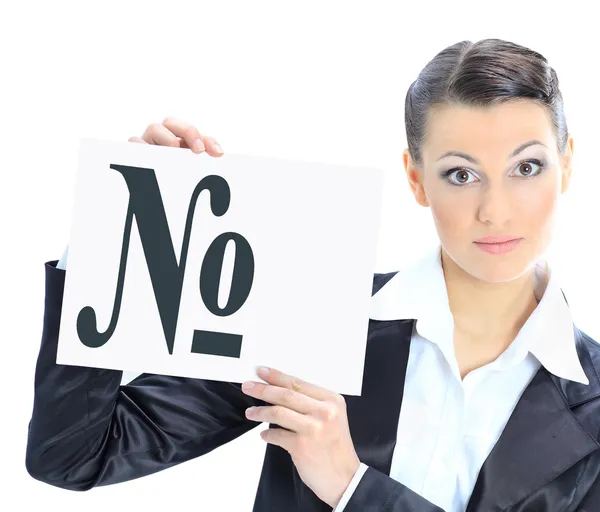 Hermosa mujer de negocios con un cartel de habitaciones. Aislado sobre un fondo blanco . —  Fotos de Stock