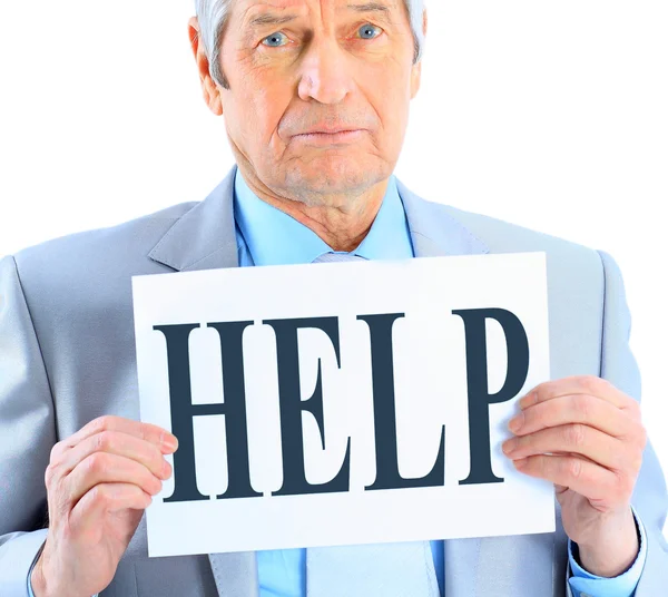 Nice businessman at the age, with a request for help. Isolated on a white background. — Stock Photo, Image