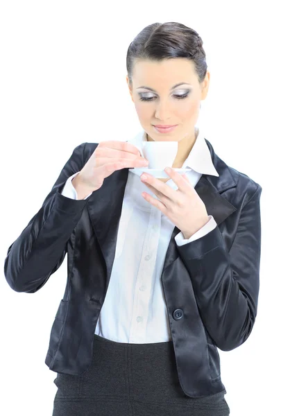 Nice business woman with a cup of coffee. Isolated on a white background. — Stock Photo, Image