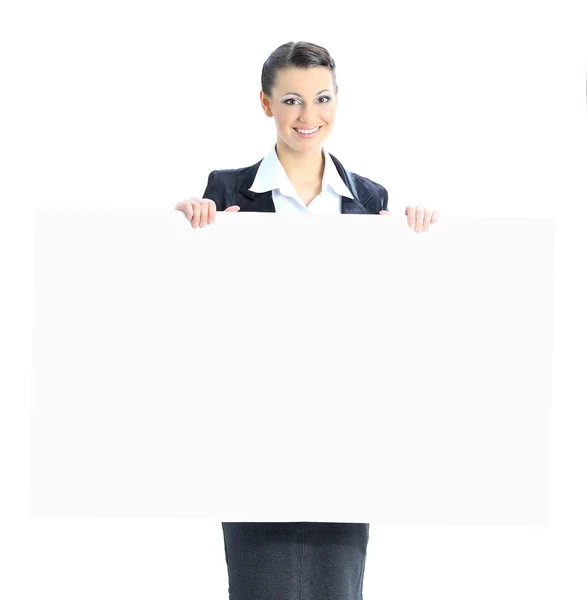 Bonita mujer de negocios con una pancarta blanca. Aislado sobre un fondo blanco . — Foto de Stock