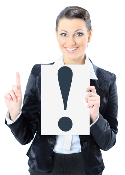 Beautiful businesswoman with a sign exclamation mark. Isolated on a white background. — Stock Photo, Image