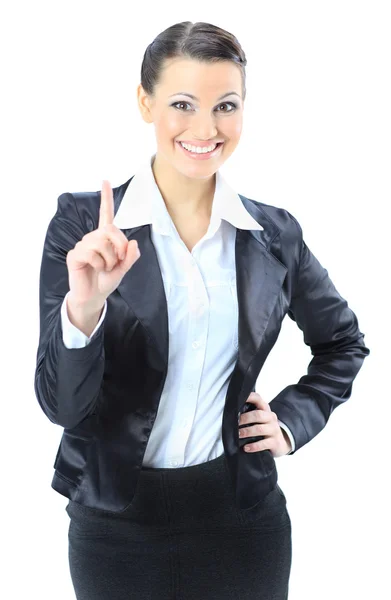 Una mujer de negocios presumida señala con el dedo hacia arriba. Aislado sobre un fondo blanco . —  Fotos de Stock