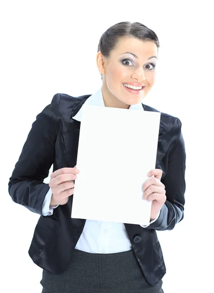 Beautiful business woman with a white banner. Isolated on a white background. Stock Picture