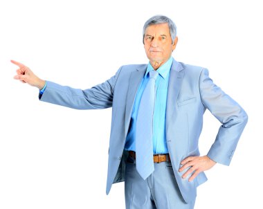 yaşında, güzel iş adamı işaret parmağı. Beyaz bir arka plan üzerinde izole.