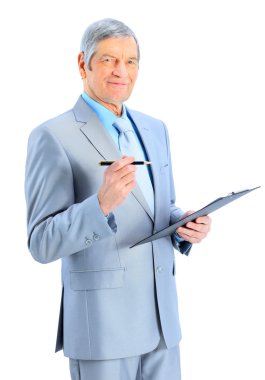 yaşında, güzel iş adamı iş planı yazıyor. Beyaz bir arka plan üzerinde izole.