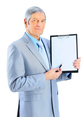 yaşında, güzel iş adamı iş planı gösterir. Beyaz bir arka plan üzerinde izole.