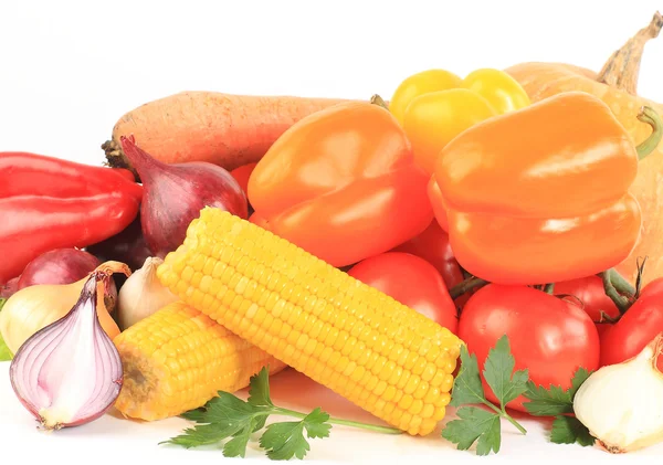 Composition with raw vegetables and wicker basket isolated on wh — Stock Photo, Image