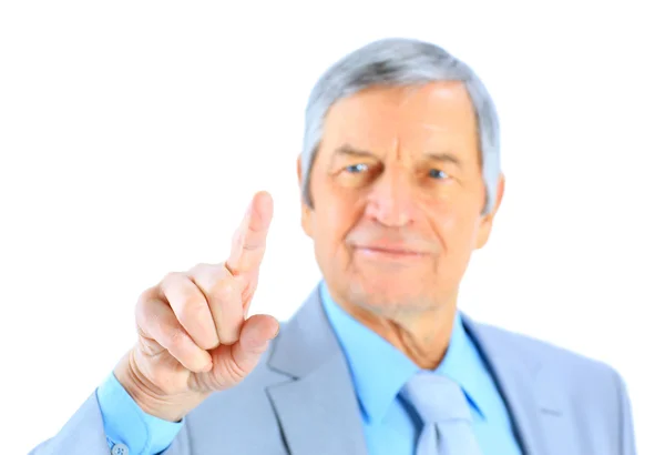 Buen hombre de negocios a la edad, señala con el dedo. Aislado sobre un fondo blanco . —  Fotos de Stock