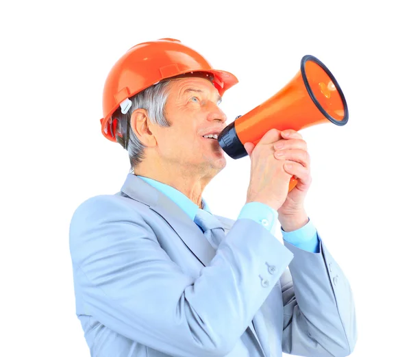 Good engineer gives guidance through the mouthpiece. Isolated on a white background. — Stock Photo, Image