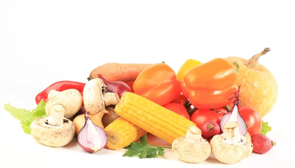 Composition with raw vegetables and wicker basket isolated on wh — Stock Photo, Image