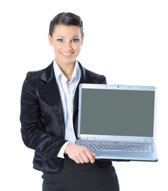 ? ttractive kadın gülümsüyor, izole beyaz arka plan eller içinde laptop ile.