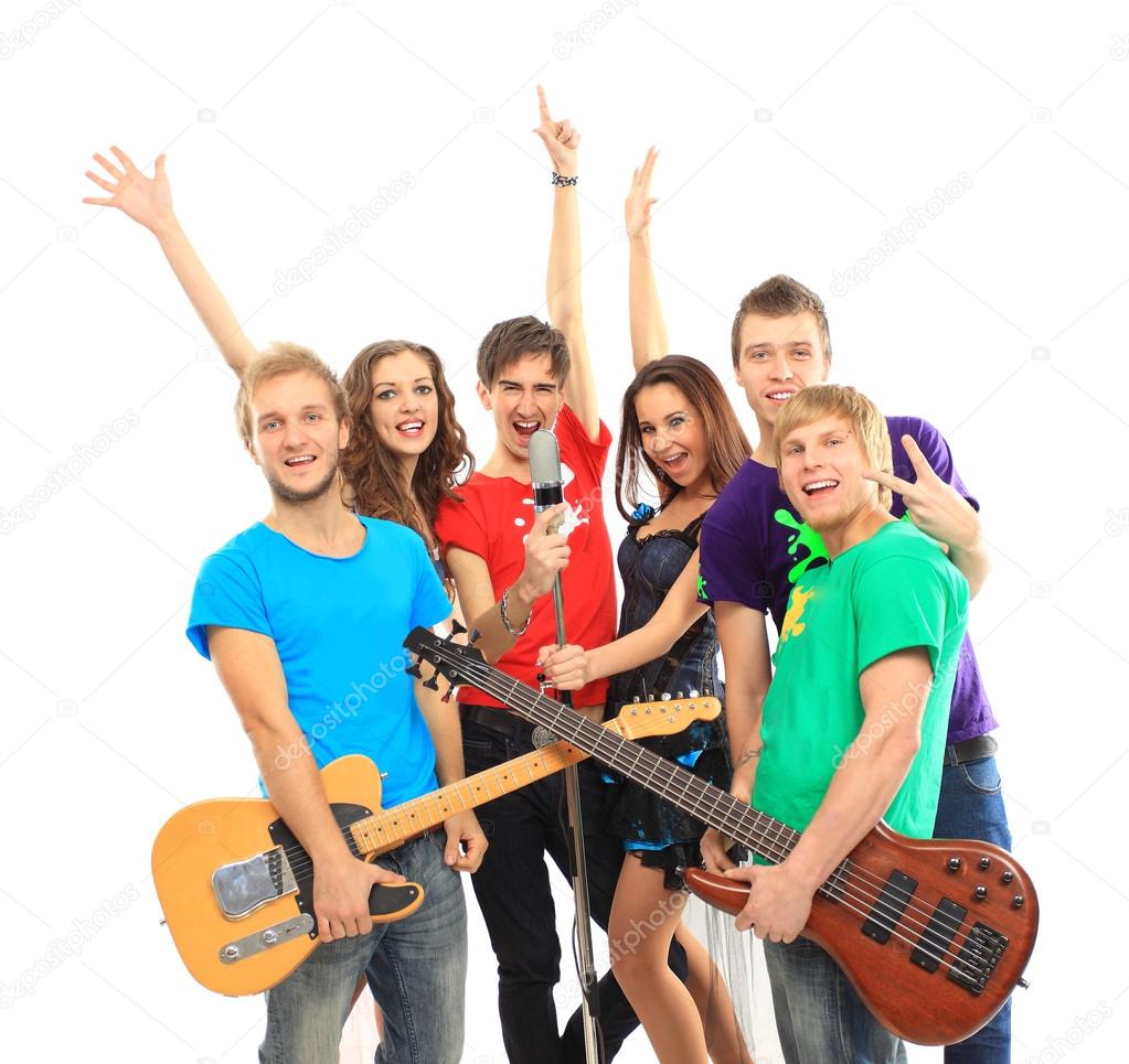 Musicians group playing musical instruments in a concert isolated on white background