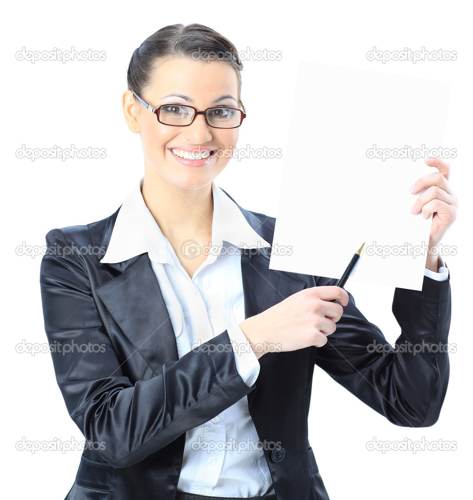 �eautiful business woman in glasses with a white banner. Isolated on a white background.
