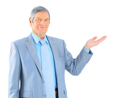 güzel işadamı elin avuç yapışkanlık dışarı yaşta. Beyaz bir arka plan üzerinde izole.
