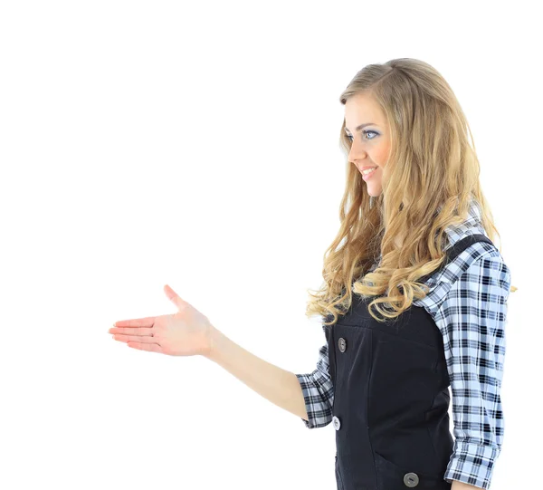 Beautiful business women reaches out a hand for a handshake. Isolated on a white background. — Stock Photo, Image