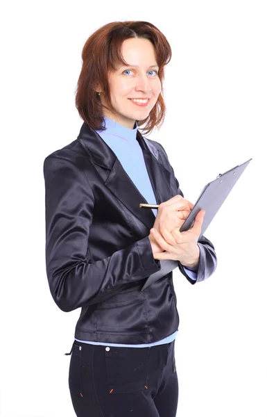 Hermosa mujer de negocios sobre un fondo blanco . — Foto de Stock