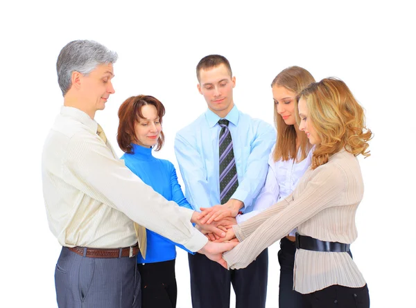 Negocio sonriente tomados de la mano en un círculo de nuevo — Foto de Stock