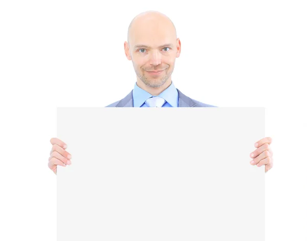 Um bom homem de negócios tem cartaz branco. Isolado sobre um fundo branco . — Fotografia de Stock