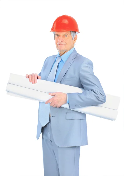 Ingenieur van leeftijd, met de tekeningen. geïsoleerd op een witte achtergrond. — Stockfoto