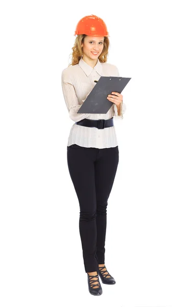 Una mujer ingeniera en casco . — Foto de Stock