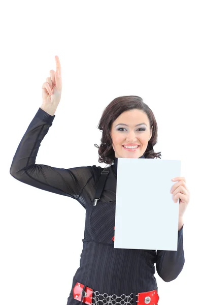 Beatiful business woman with a white banner. Isolated on a white background. — Stock Photo, Image