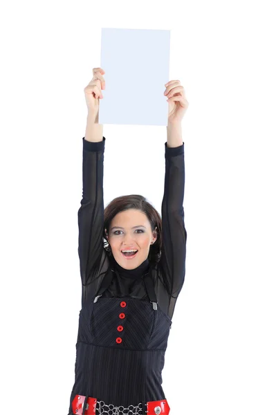 Hermosa mujer de negocios con una pancarta blanca. Aislado sobre un fondo blanco . — Foto de Stock