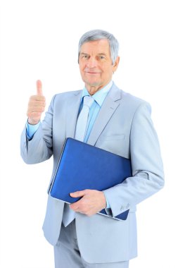 yaşlı, bir işadamı, parmağını yukarı. Beyaz bir arka plan üzerinde izole.