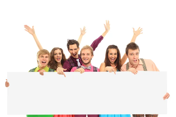 Grupp lycklig med banner. isolerad på vit bakgrund — Stockfoto