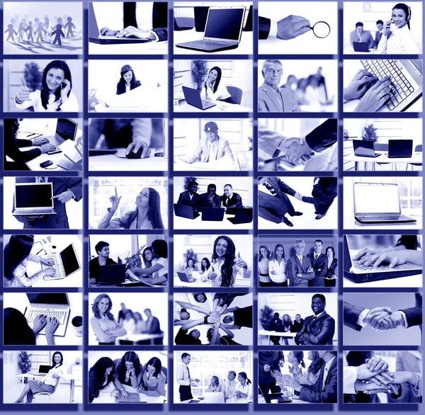 Collage con empresarios trabajando juntos y herramientas — Foto de Stock