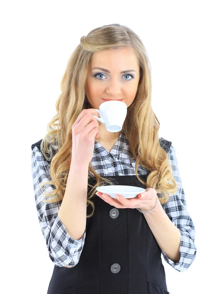 Mooie zakelijke vrouwen drinken koffie tijdens de pauze. geïsoleerd op een witte achtergrond. — Stockfoto