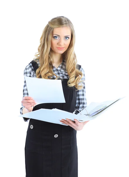 Hermosas mujeres de negocios con los informes sobre el trabajo. Aislado sobre un fondo blanco . — Foto de Stock