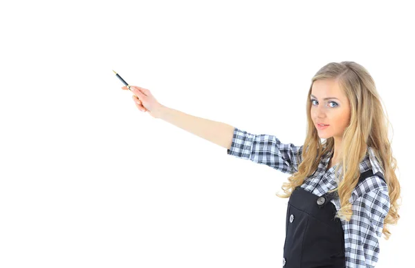 Mujer de negocios dibujando algo en la pantalla con una pluma — Foto de Stock