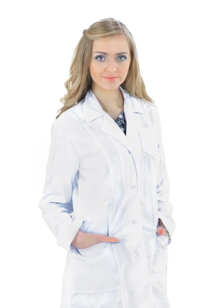 Friendly female doctor smiling - isolated over white background — Stock Photo, Image