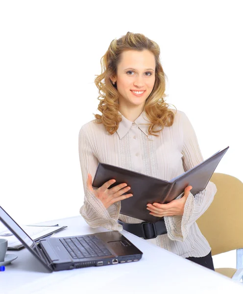 Nice business woman checks the reports for the month. — Stock Photo, Image