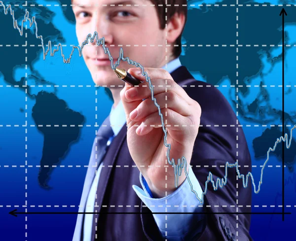 Business Man write graph on transparent digital screen — Stock Photo, Image