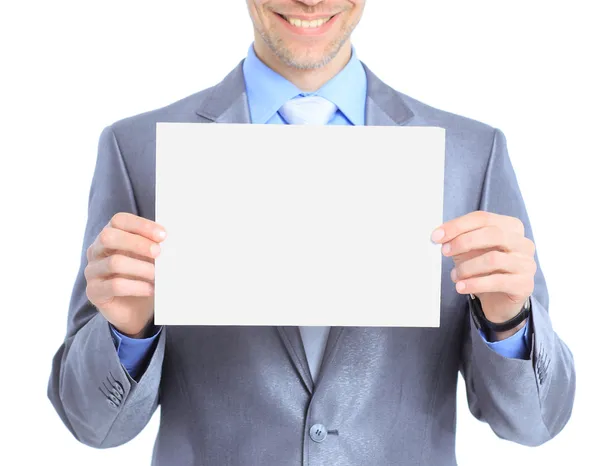 Um bom homem de negócios tem cartaz branco. Isolado sobre um fundo branco . — Fotografia de Stock