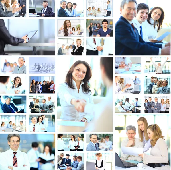 Collage con empresarios trabajando juntos y herramientas — Foto de Stock