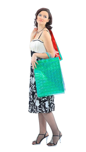 Gelukkig jong volwassen meisje, met kleurgecodeerde tassen. — Stockfoto