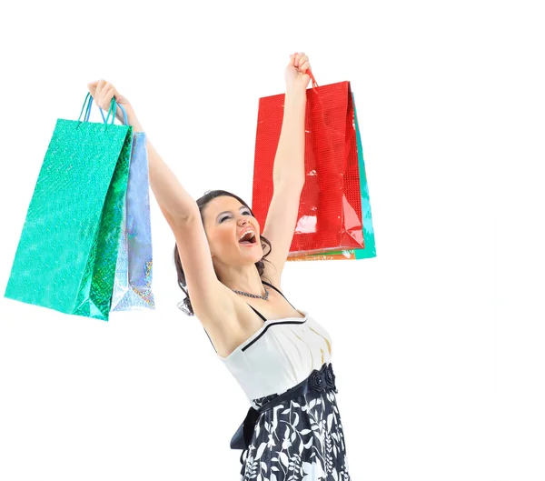 Šťastná dívka dospělých, s barevně tašky. — Stock fotografie
