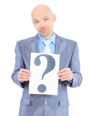 güzel iş adamı, soru işareti. Beyaz bir arka plan üzerinde izole.