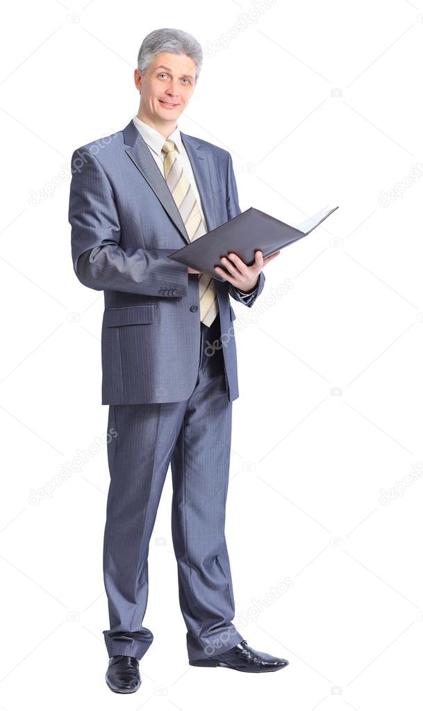 Businessman writing on clipboard isolated over white background