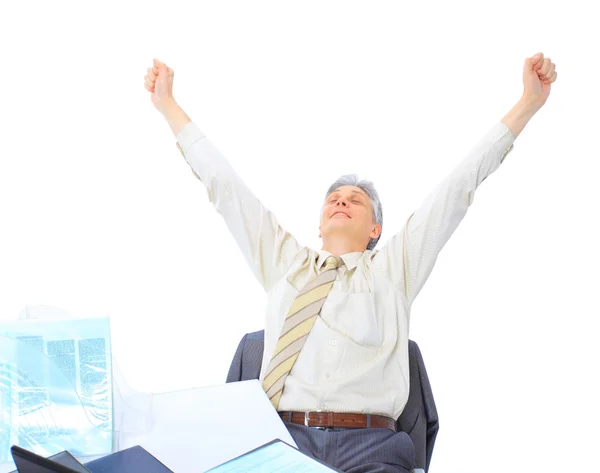 The businessman at the age of works for the laptop. Isolated on a white background. — Stock Photo, Image