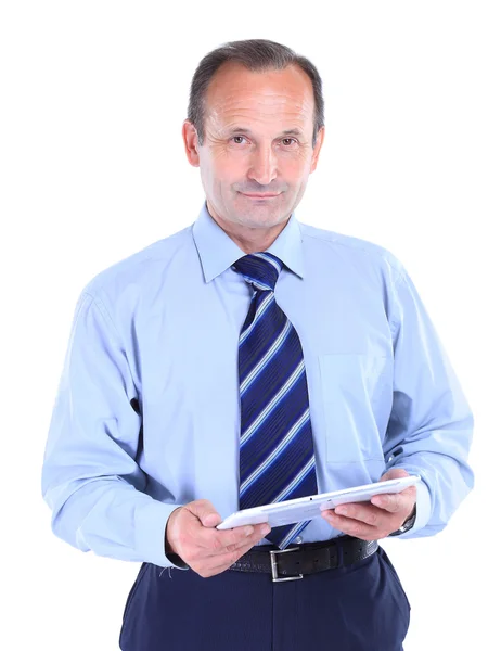 Hombre guapo sonriente con tableta. Aislado sobre fondo blanco —  Fotos de Stock