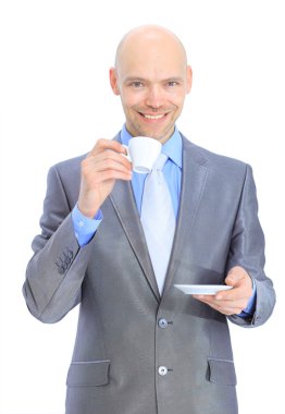 işadamı, kahve içme. Beyaz bir arka plan üzerinde izole.