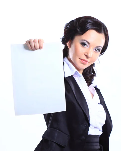 Happy Smiling Young Business Woman Holding Blank Placard (em inglês). Isolado em branco — Fotografia de Stock